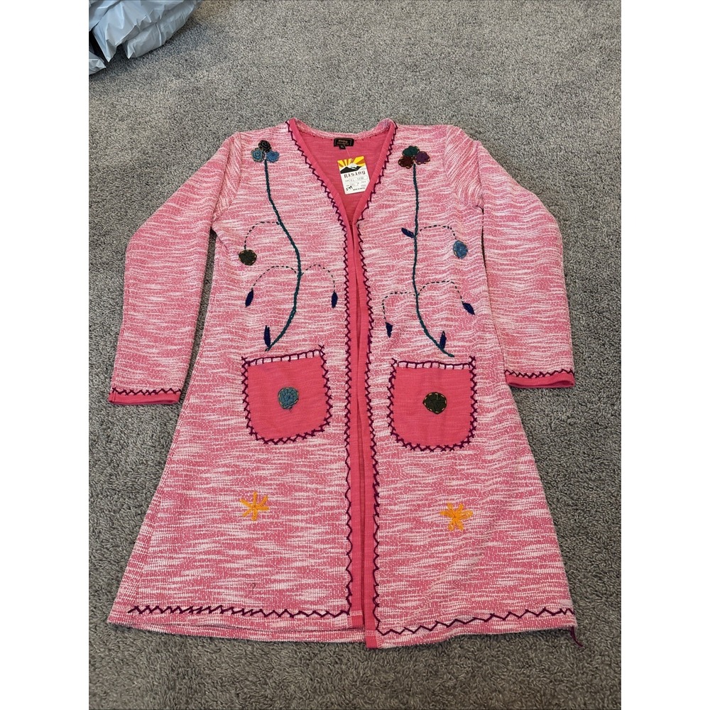 NEW Rising International Pink Open Cardigan Jacket XL Embroidered Boho Floral